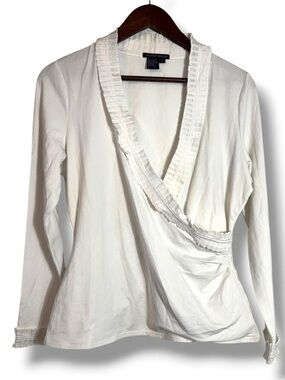 Boston Proper Cream Wrap-Style Ruffle Trim Blouse